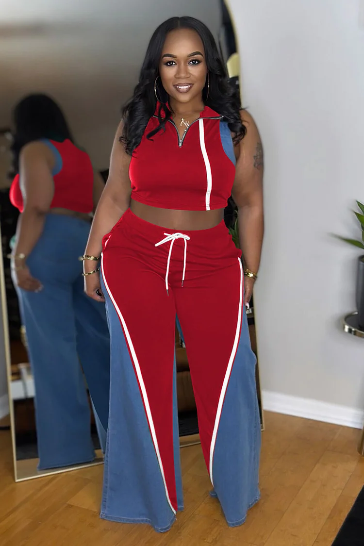 Sleeveless Crop Top Denim Patchwork Colorblock Wide Leg Pants 2pcs Set-Green