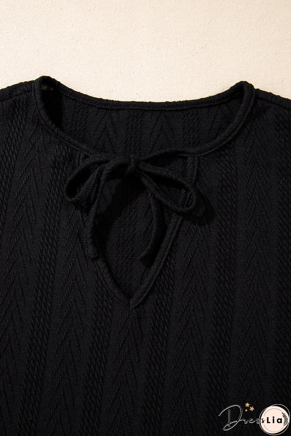 Black Floral Patchwork Textured Knit Drawstring V Neck Blouse