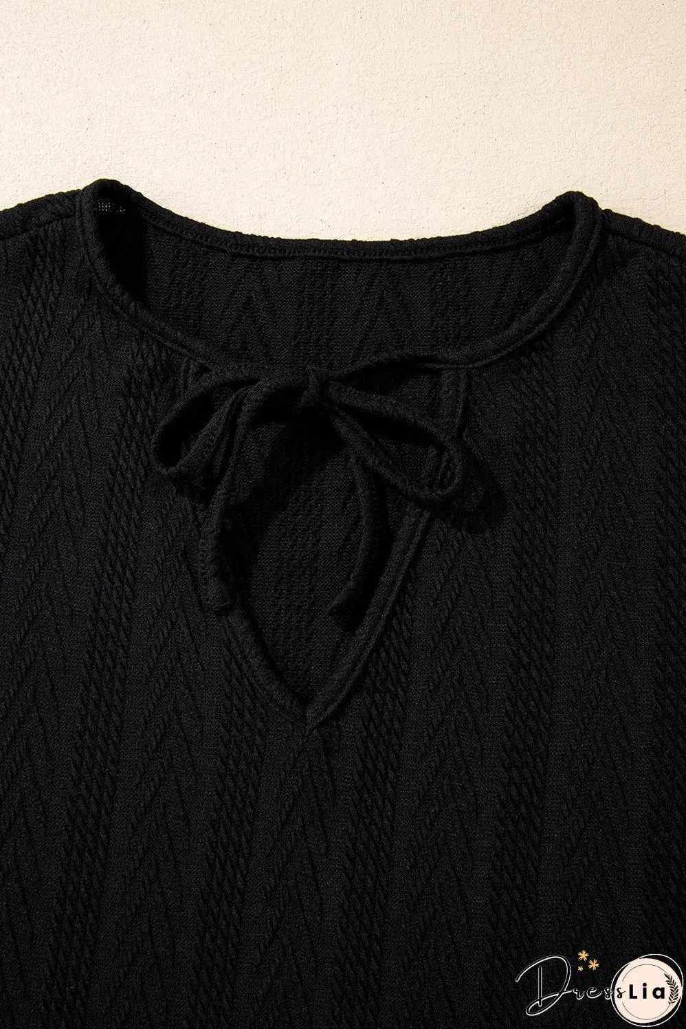 Black Floral Patchwork Textured Knit Drawstring V Neck Blouse