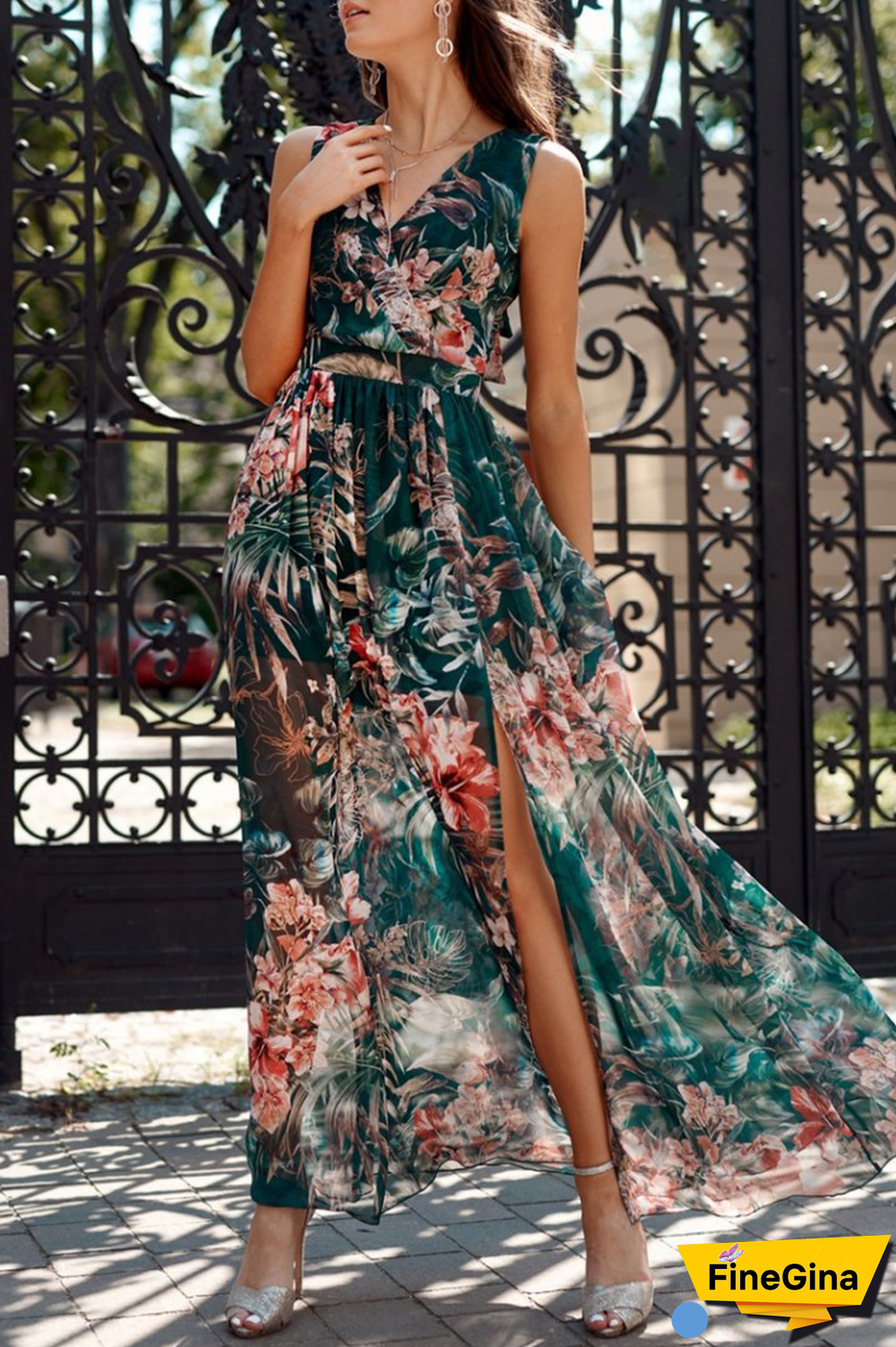 Fashion Print Slit V Neck Mesh Dress Dresses