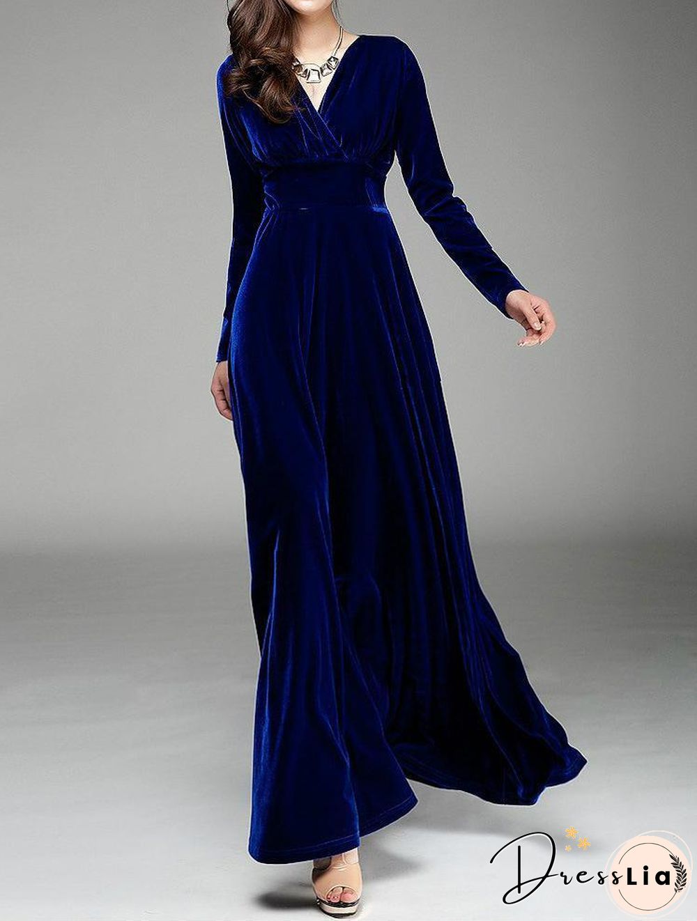 Women's Velvet Plus Size Solid Colored High Waist V Neck Party Dress