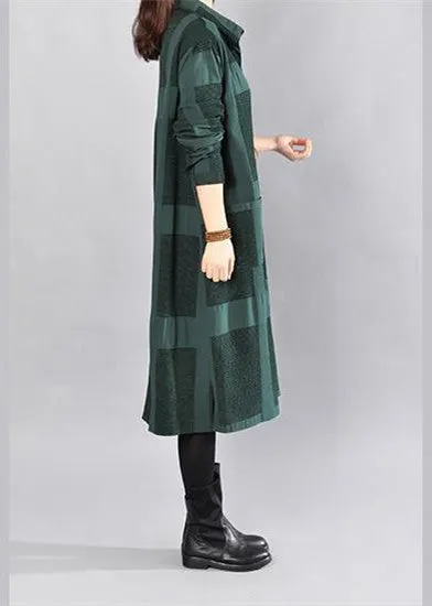 stylish blackish green Midi-length cotton dress trendy plus size casual dress women long sleeve plaid cotton shirt dress