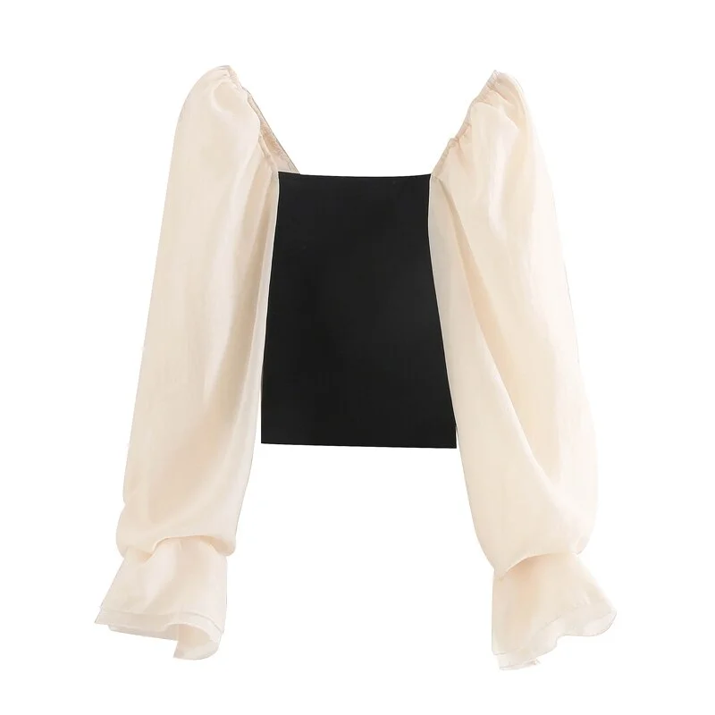 TRAF Women Fashion Patchwork Organza Cropped Knitted Blouses Vintage See Through Sleeve Stretch Female Shirts Chic Tops