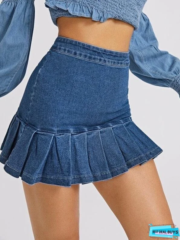 Zip Back Pleated Ruffle Hem Denim Skirt for Women