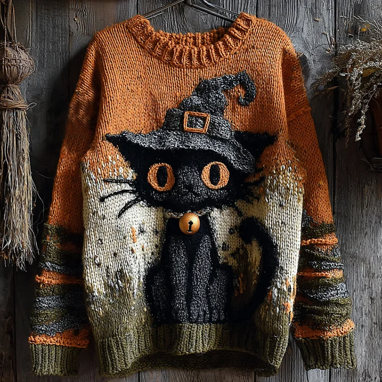 Halloween Cute Witch Cats Art Cozy Knit Sweater