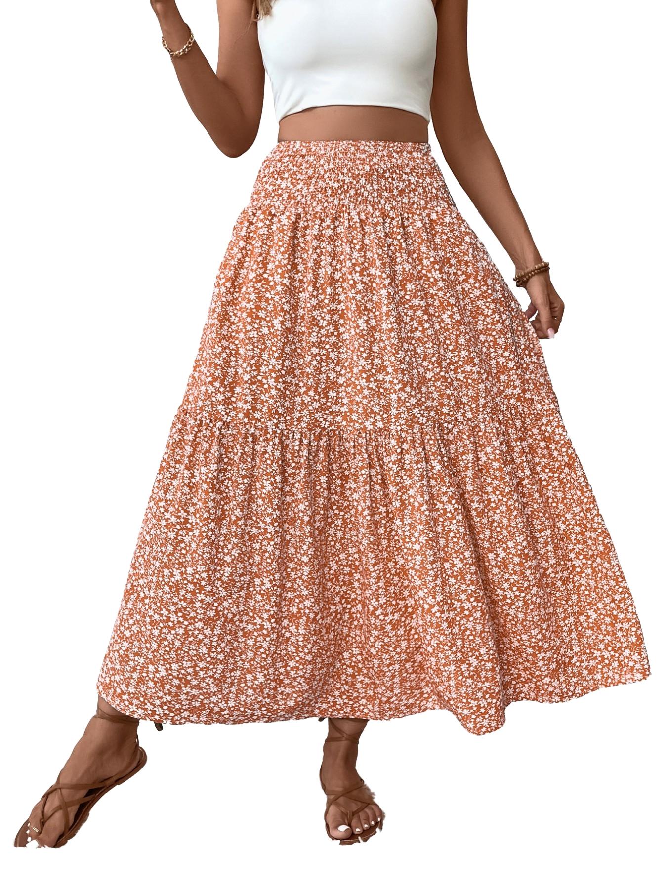 Women's Ditsy Floral Vintage Casual Vacation Layered A-Line Skirt, Elegant Long Skirt for Spring & Fall, All over Print Fitted Style