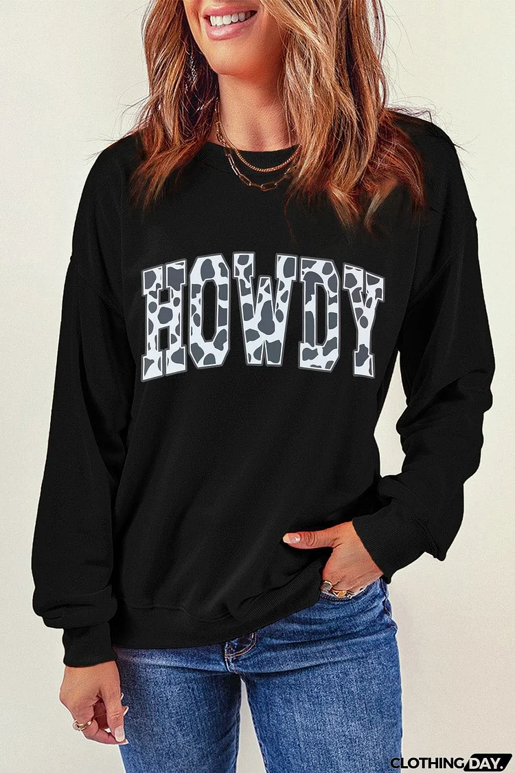 Round Neck Long Sleeve Howdy Graphic Sweatshirt