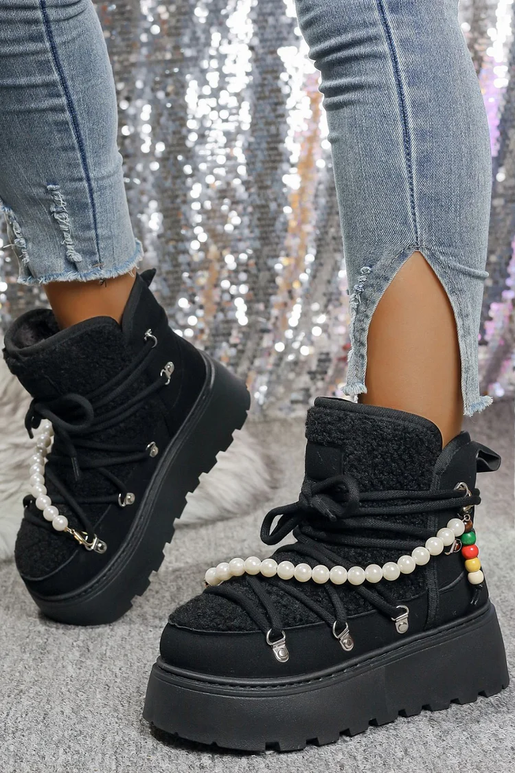 Daily Black Faux Fur Pearl Beads Strap Lace Up Platform Round Toe Boots 2024 - Xpluswear