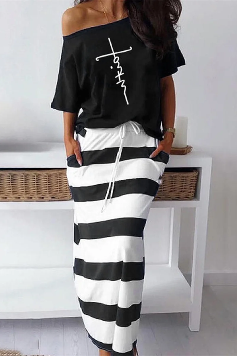 Black White Fashion Casual Print Patchwork Oblique Collar Short Sleeve Two Pieces | EGEMISS