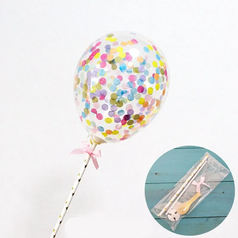 1 Set 5inch Confetti Balloon Cake Topper Decoration with Paper Straw Bow Baby Shower Favors Wedding Birthday Party Supplies