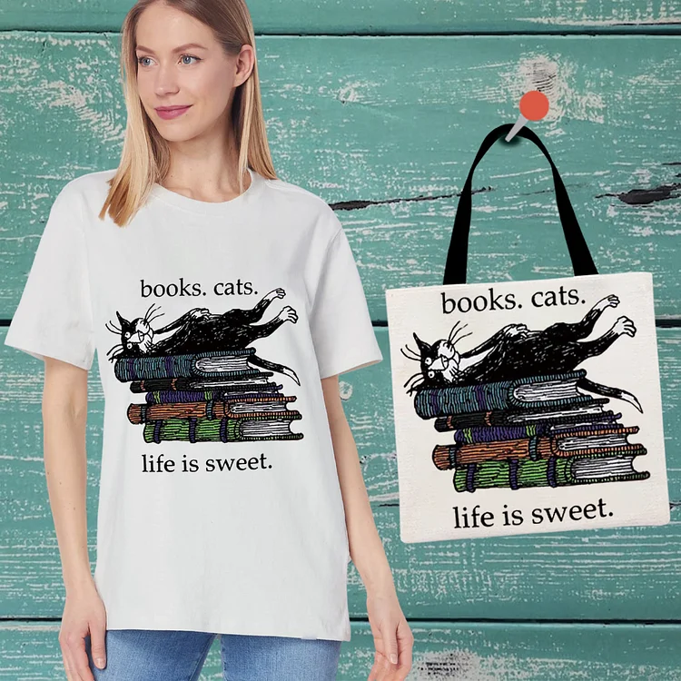 Books and Cat T-Shirt With Handbag -BSTC1656