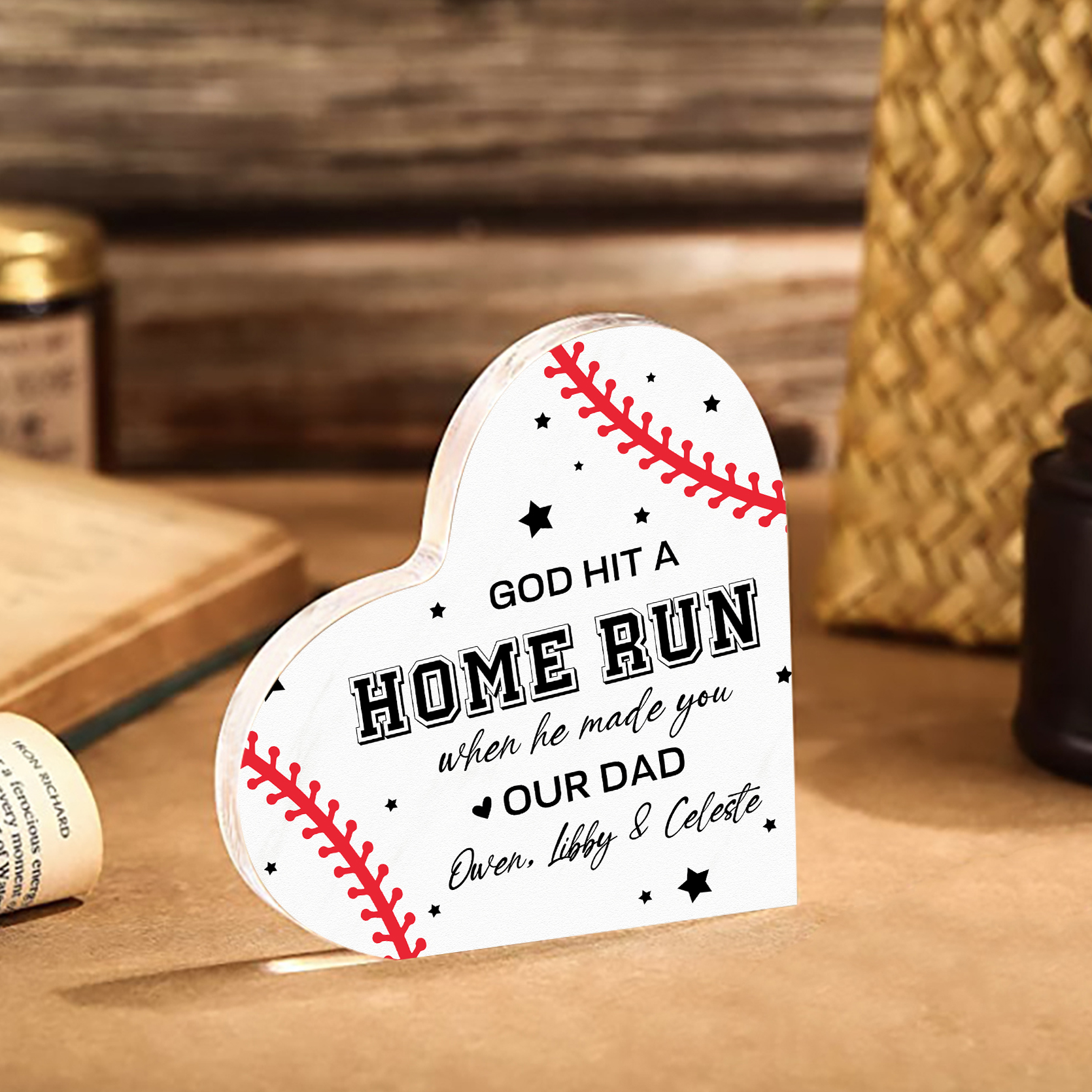 Personalised Text Acrylic Heart Keepsake Baseball Ornament Plaque Father's Day Gift - God Hit A Home Run When He Made You Our Dad-Jessemade AU