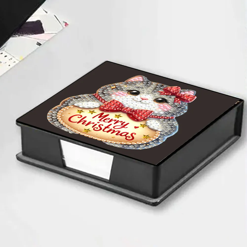 5D DIY PU Diamond Art Note Box with 160 Sheets Paper Memo Pad Holder Kit (Cat)