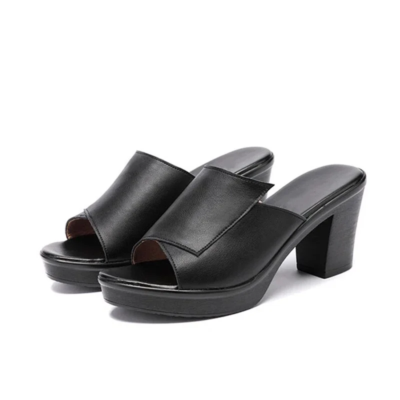 Yyvonne Women's Slippers 2023 Ladies Summer Genuine Leather Slides Square Shoes High Heels Platform Patchwork Sewing Fashion