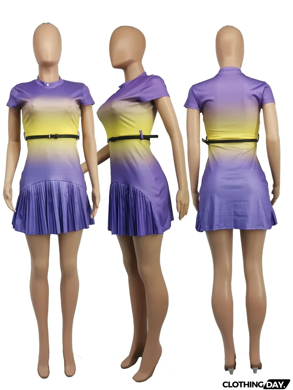 Sexy Short Sleeve Pleated Mini Dress With Belt