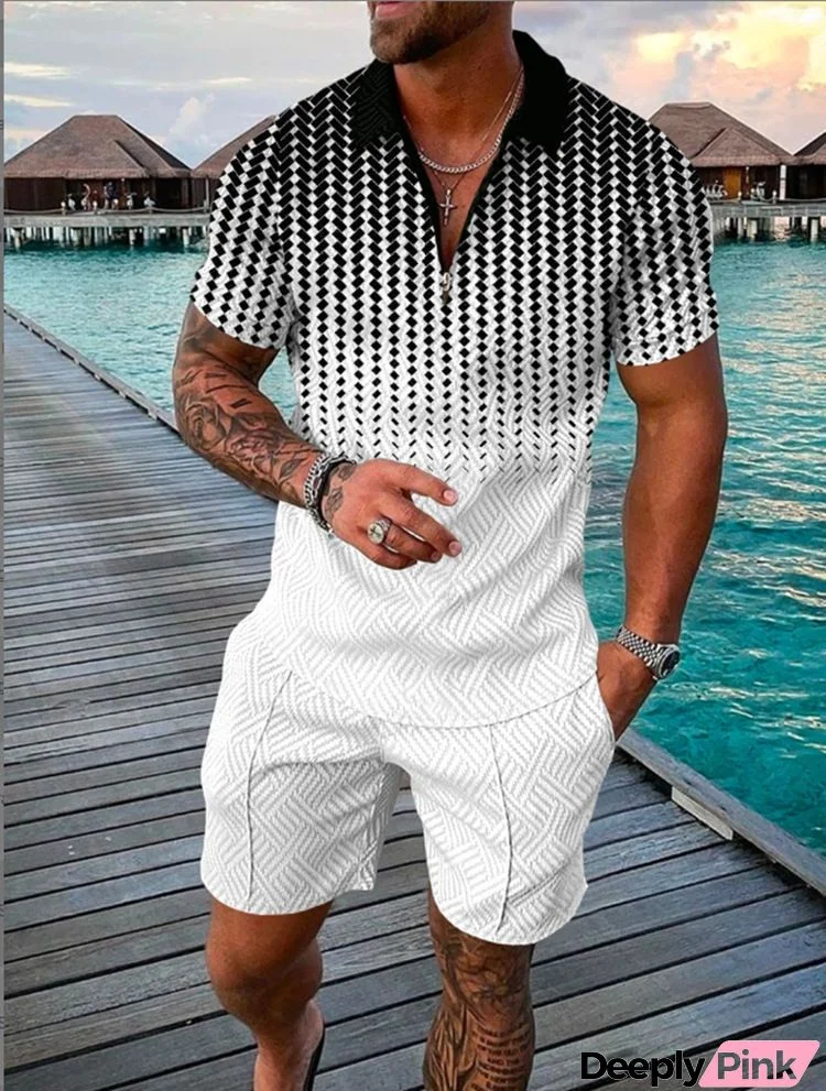 Men Fashion Zipper 3d Printing Short-Sleeved Polo Shirt And Shorts Two-Piece Set