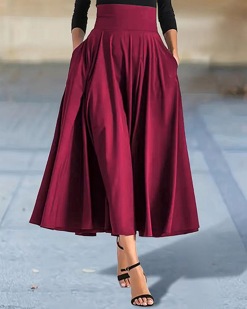 Pleated Side Pockets Solid Color High Waist Midi Skirt