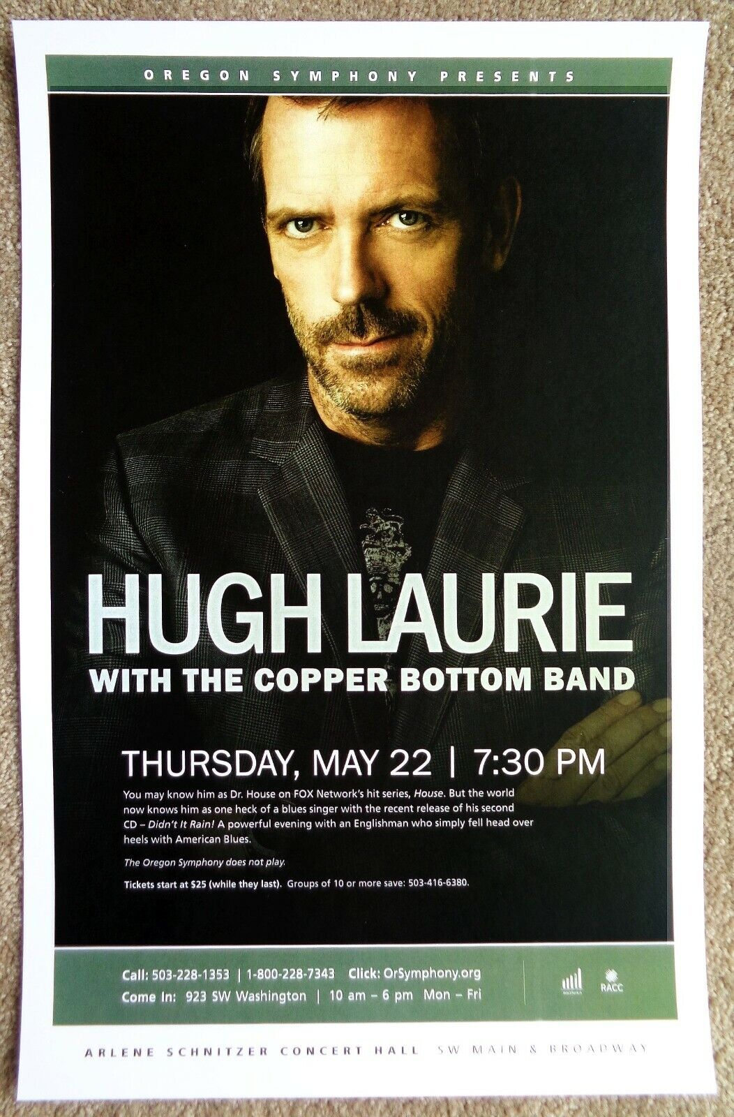 HUGH LAURIE AND THE COPPER BOTTOM BAND 2014 Gig POSTER Portland Oregon Concert