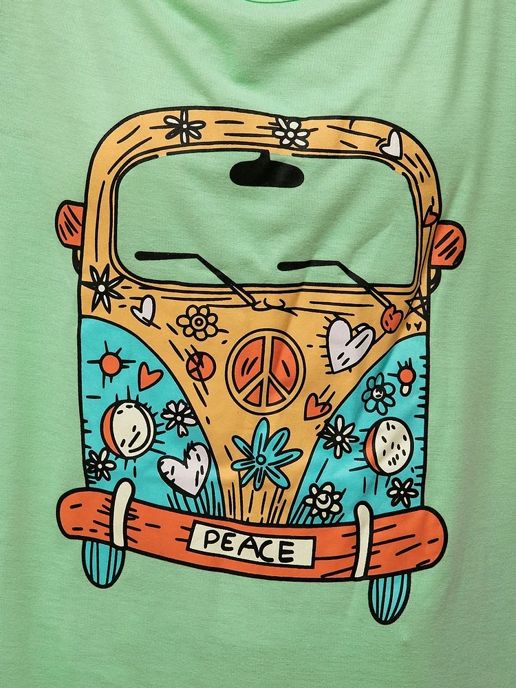 Plus Size Women Short Sleeve Round Neck Vintage Car Floral Casual Tops