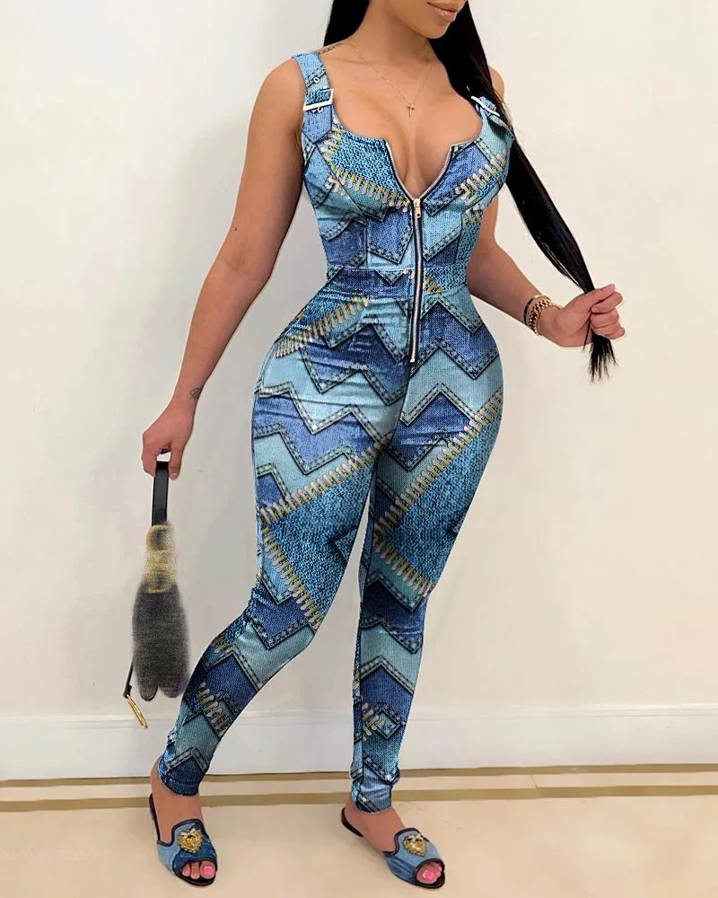 Zip Front Pattern Print Suspender Jumpsuit