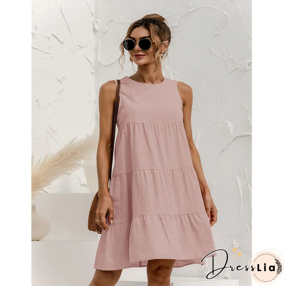 Summer Women Vest Dress Cotton O-Neck Sleeveless Solid Midi Dress Stitching Large Swing Casual Loose Sundress Vestidos