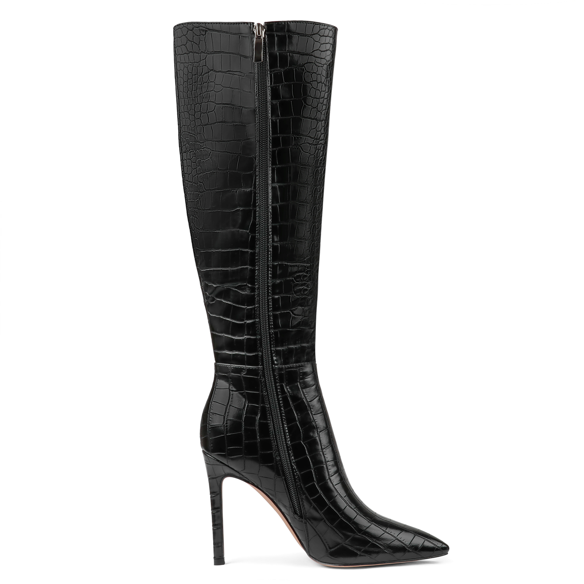 100mm Fashion Zipper Leather High Heels Knee Boots-MERUMOTE