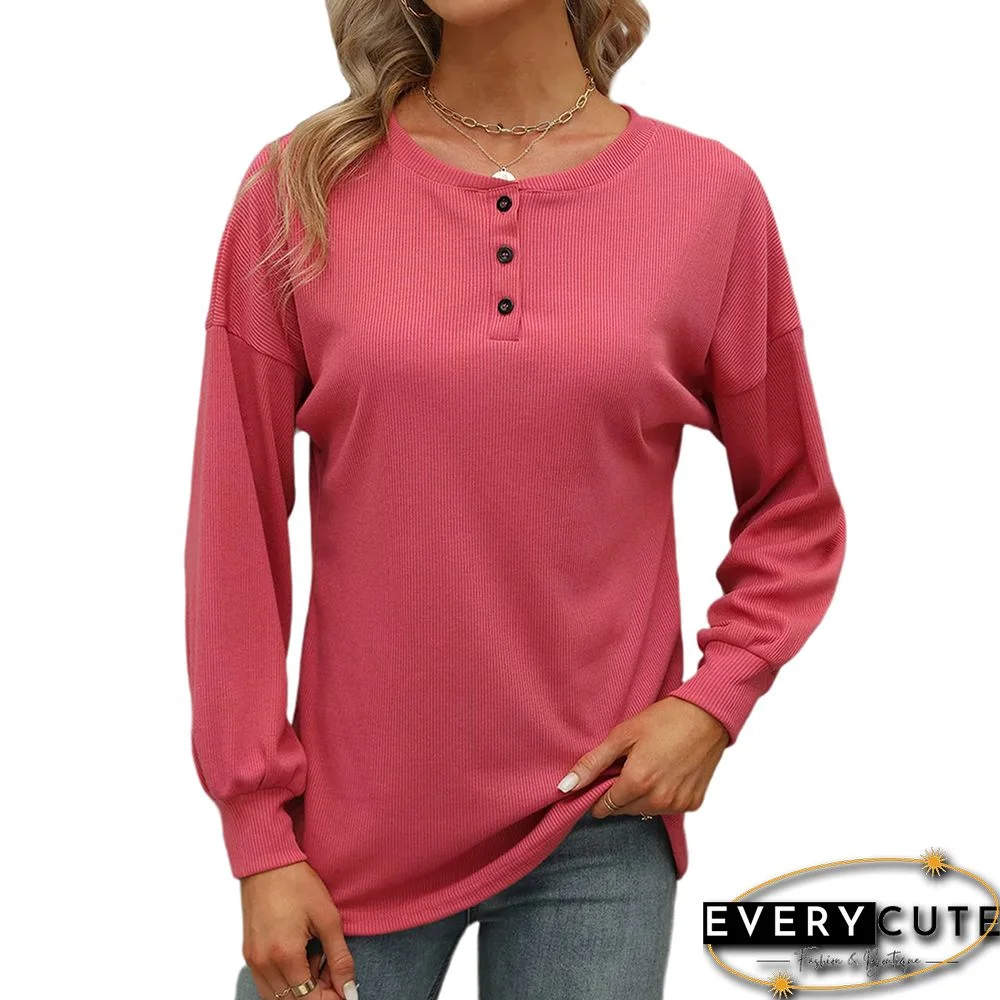 Pink Button-up Drop Shoulder Puff Sleeve Tops