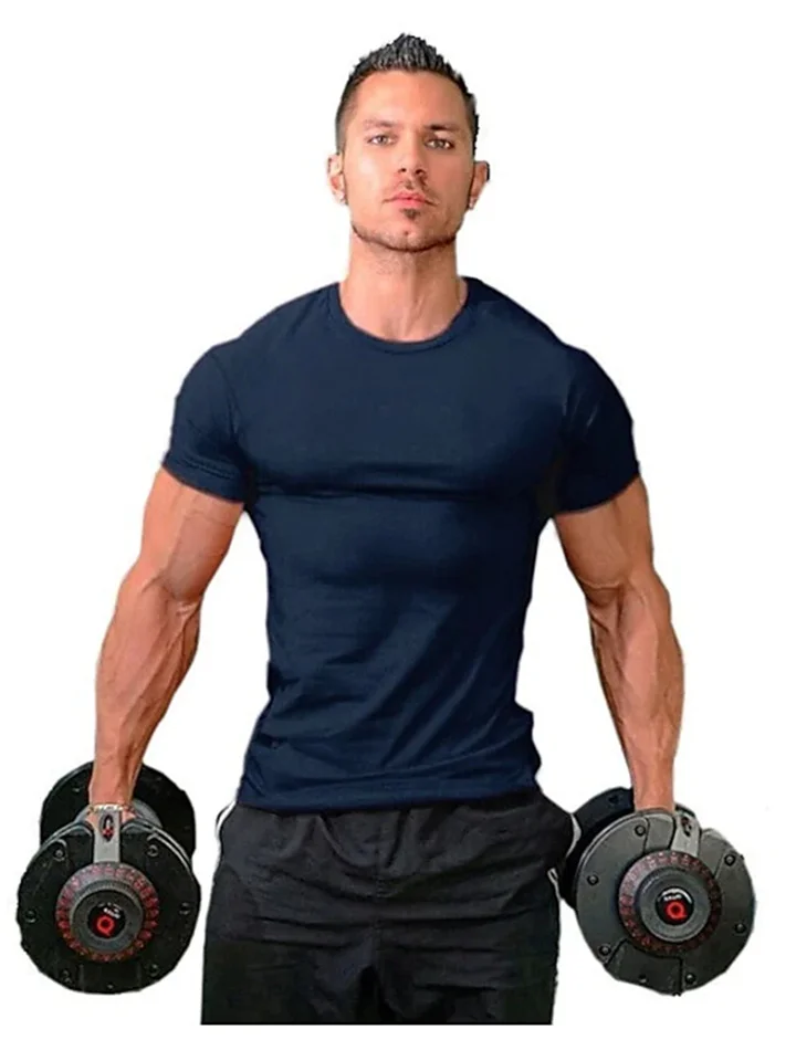 Men Muscle Tee T Shirt Stretch Short Sleeve Crew Neck Bodybuilding Workout Basic Daily Tops Navy White Wine Red