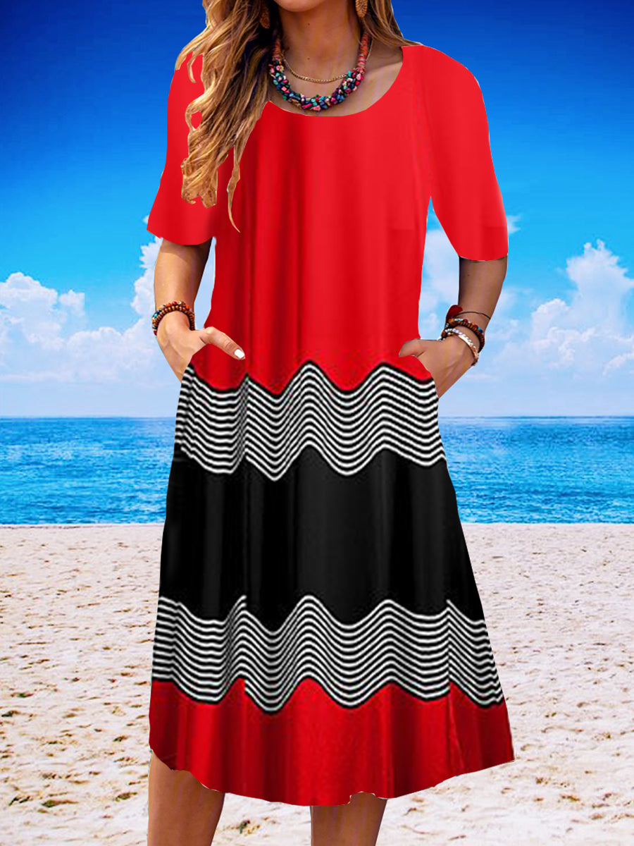 Women Half Sleeve V-neck Solid Color Dress