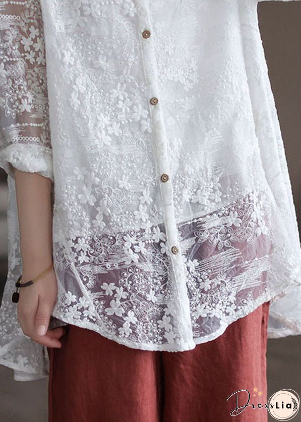 Stylish White Stand Collar Embroideried Patchwork Lace Shirt Tops Long Sleeve