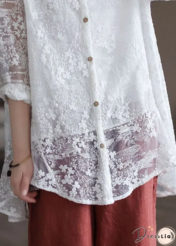 Stylish White Stand Collar Embroideried Patchwork Lace Shirt Tops Long Sleeve