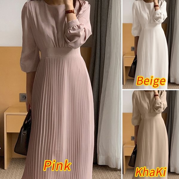Women Fashion Round Neck Pleated Long Maxi Dresses Solid Color Puff sleeve Baggy Vestido S-5XL - Shop Trendy Women's Fashion | TeeYours