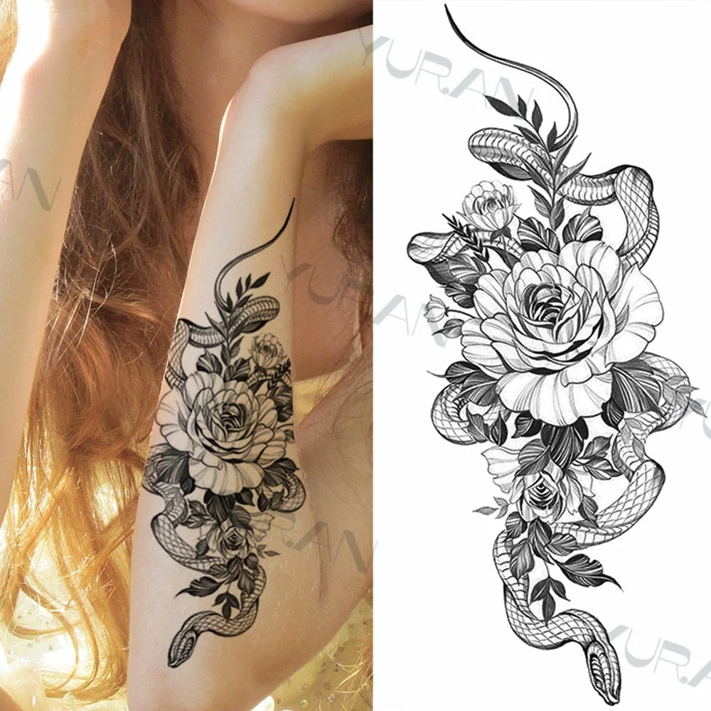 Black Large Snake Flower Fake Tattoo Sticker For Women Dot Rose Peony Temporary Tattoos DIY Water Transfer Tatoos Girls 530