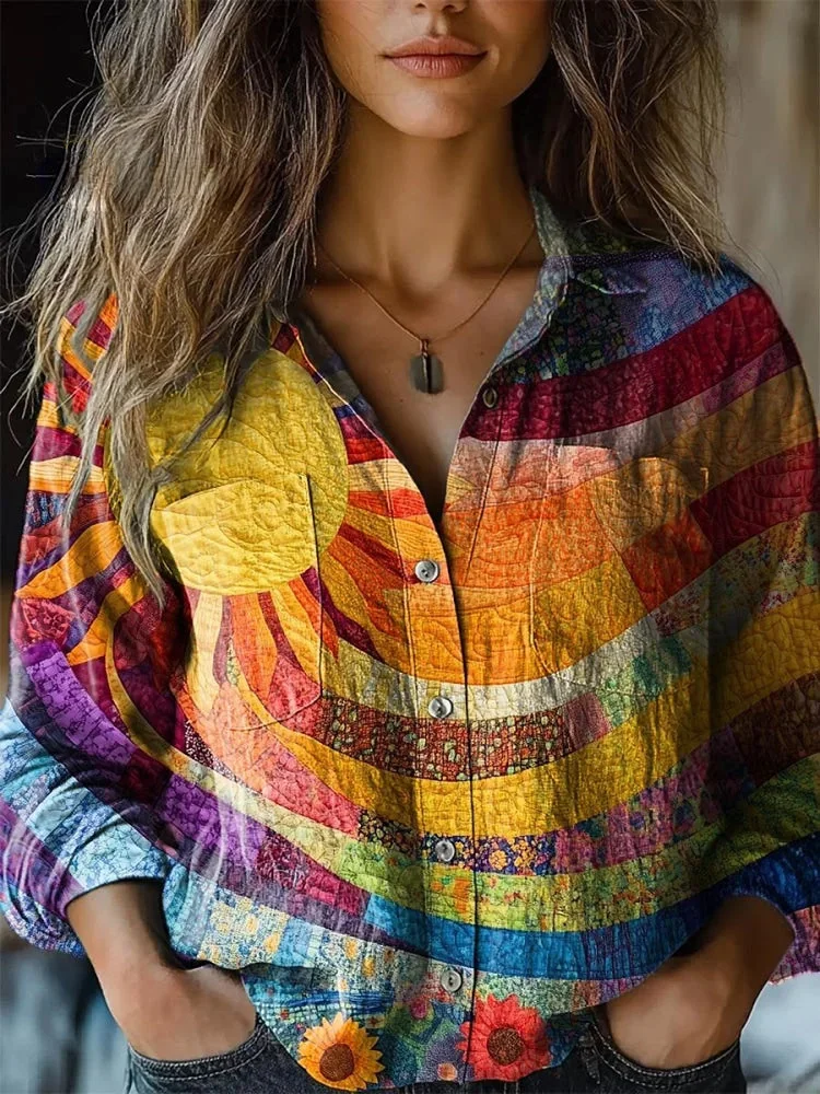 Women's Colorful Sunshine Collage Print Casual Long Sleeve Comfortable Cotton Shirt