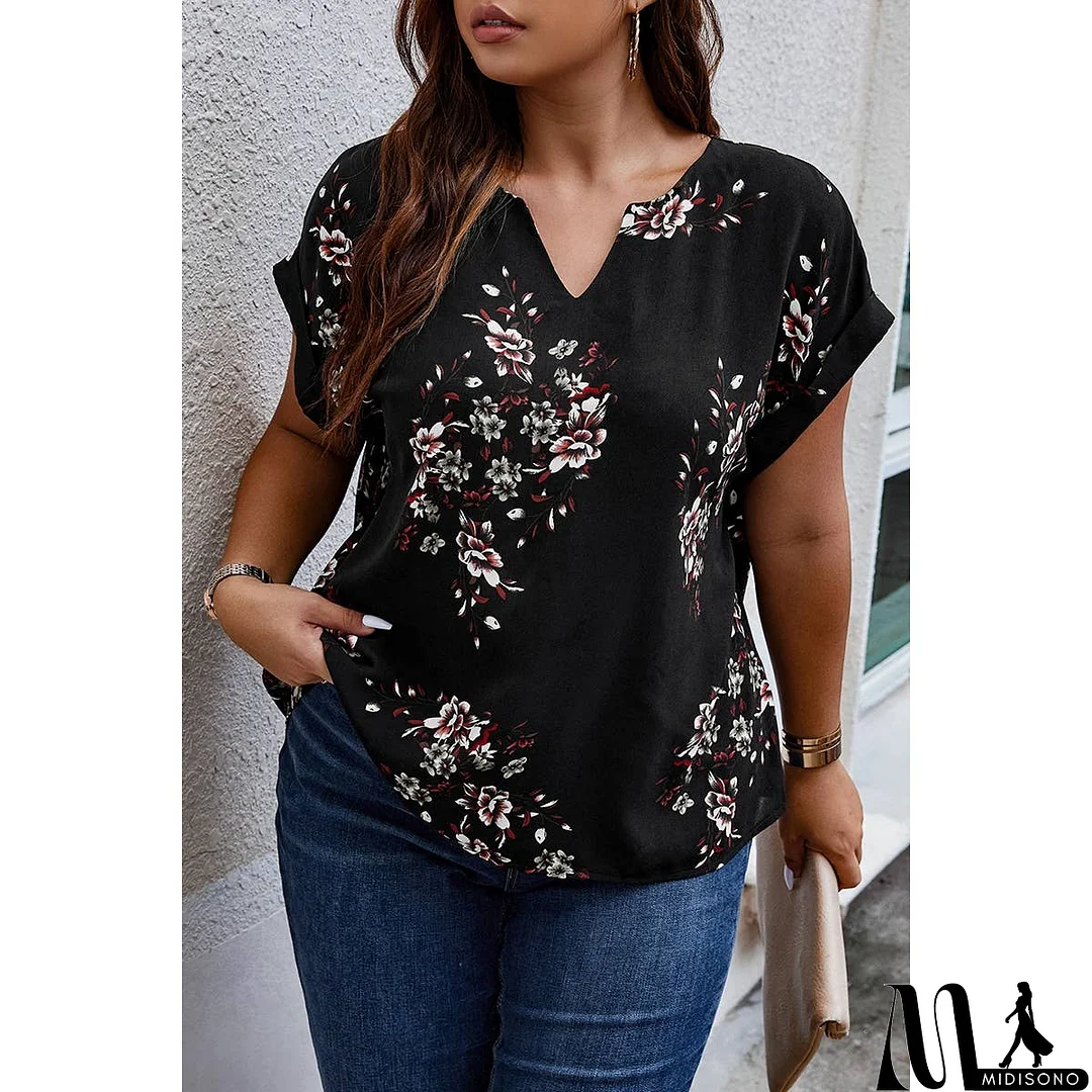 MidiSono - Plus Size Floral Print V Neck Loose Blouse