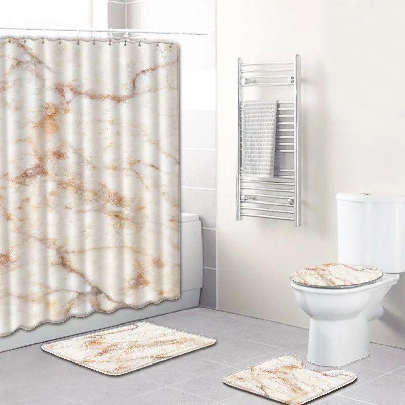 4Pcs Marble Texture Shower Curtain Non-slip Blue Bath Mat Toilet Pad Set Polyester Fabric Curtain For Bathroom Flannel Bath Mat
