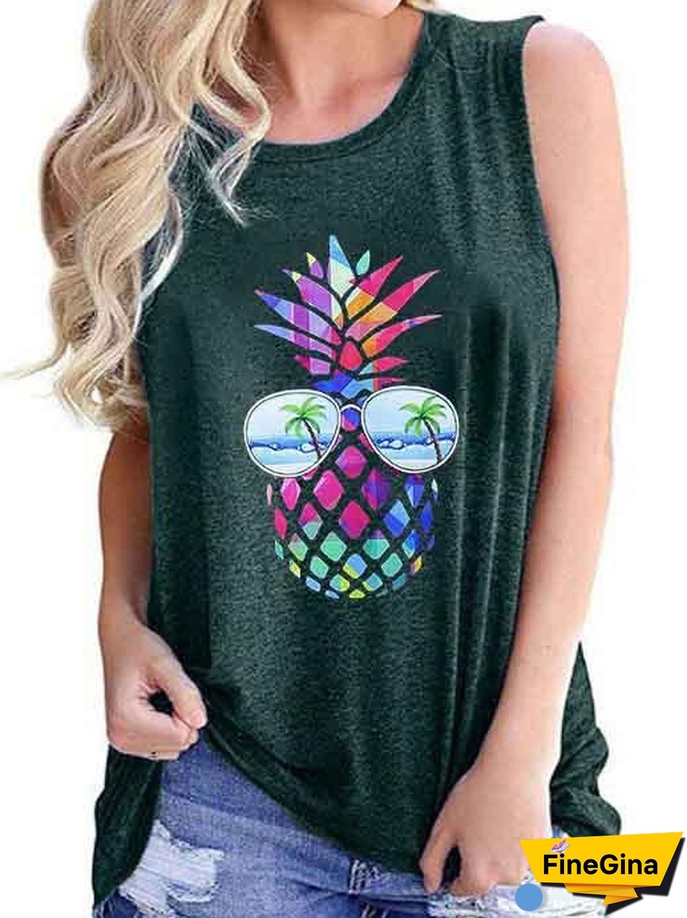 Women's Loose Sleeveless Round Neck Coloured Print T-shirt
