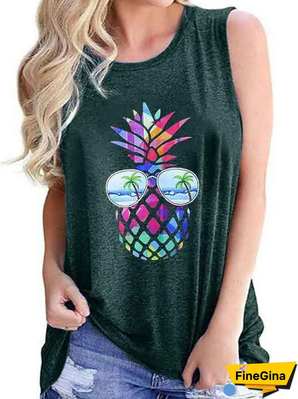Women's Loose Sleeveless Round Neck Coloured Print T-shirt