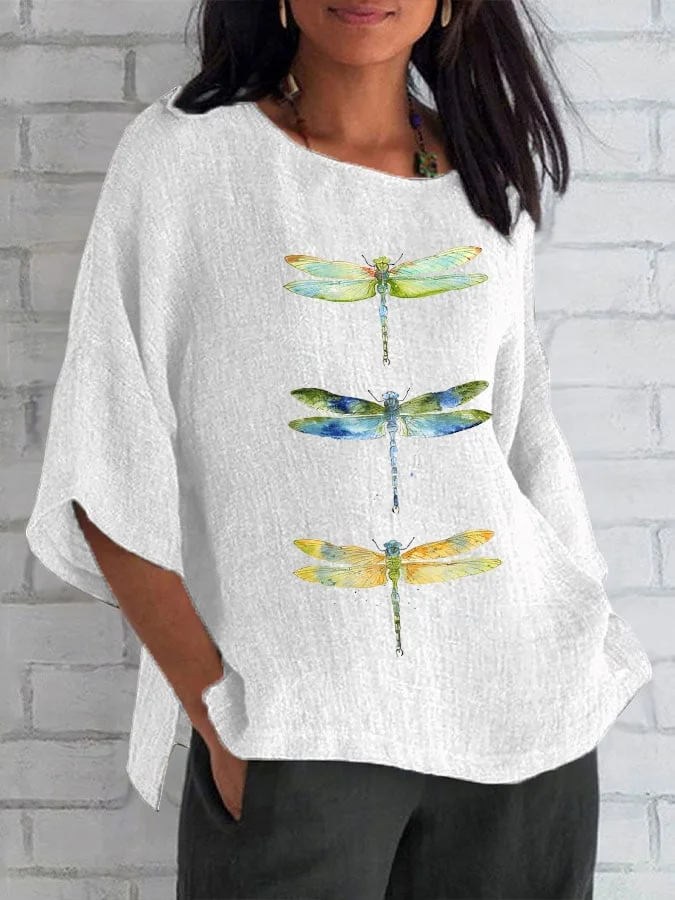 Women's Watercolor Dragonfly Print Cotton and Linen Top