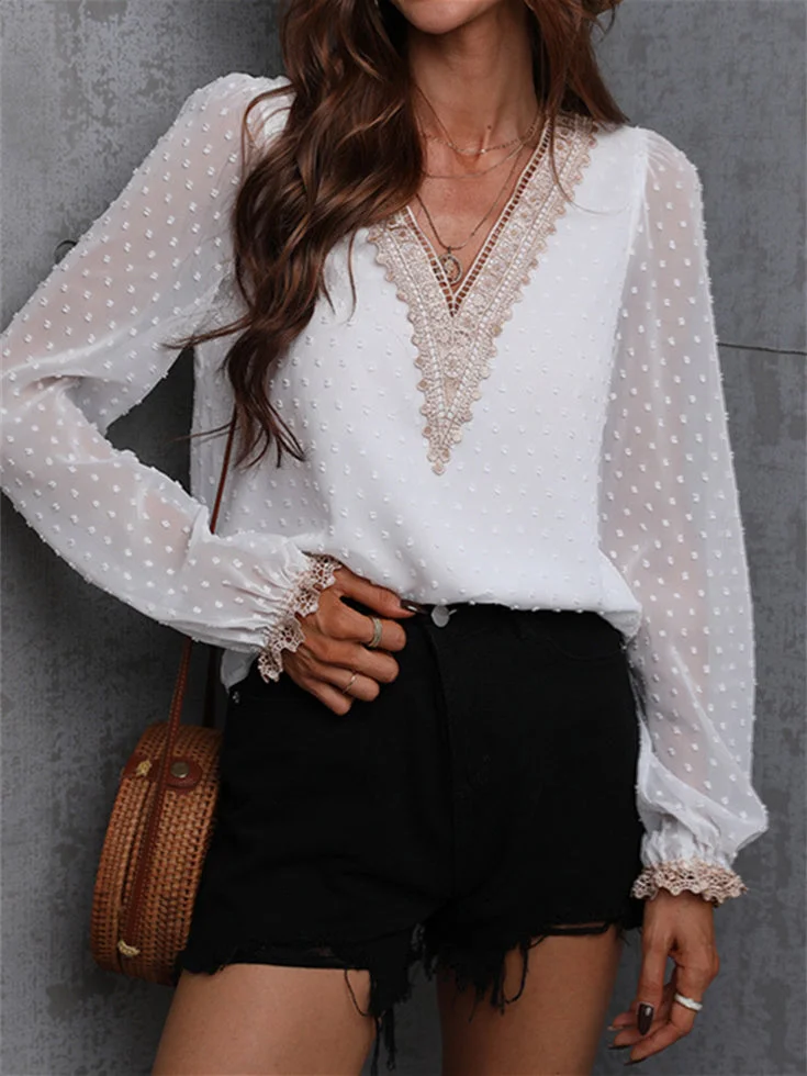 Women's Long Sleeve V-neck Polka Dot Lace Tops