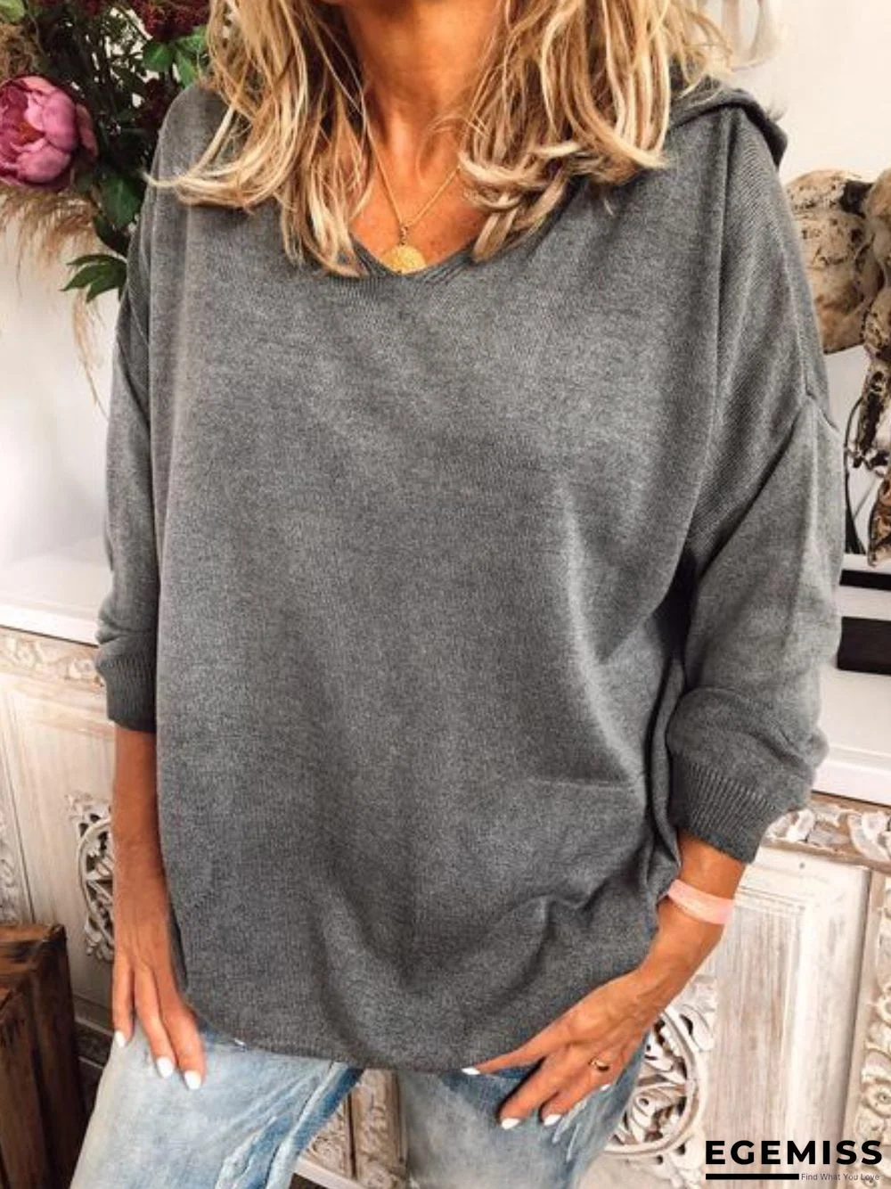 Grey Hoodie Long Sleeve Plus Size Sweater | EGEMISS
