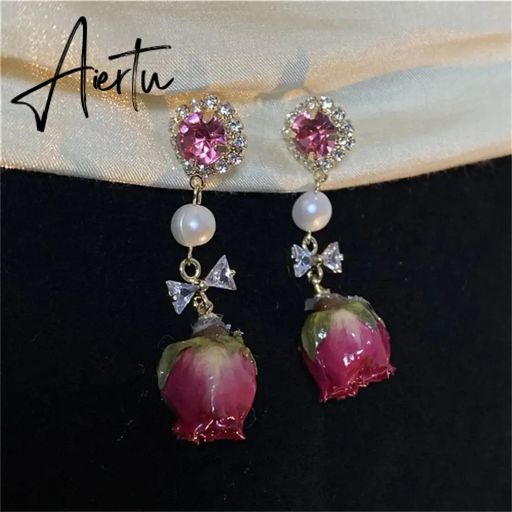 Retro Natural Real Flower Eternal Flower Earrings Niche Design Sense Freshwater Pearl Femaleaint For Women Long Earrings Jewelry Aiertu