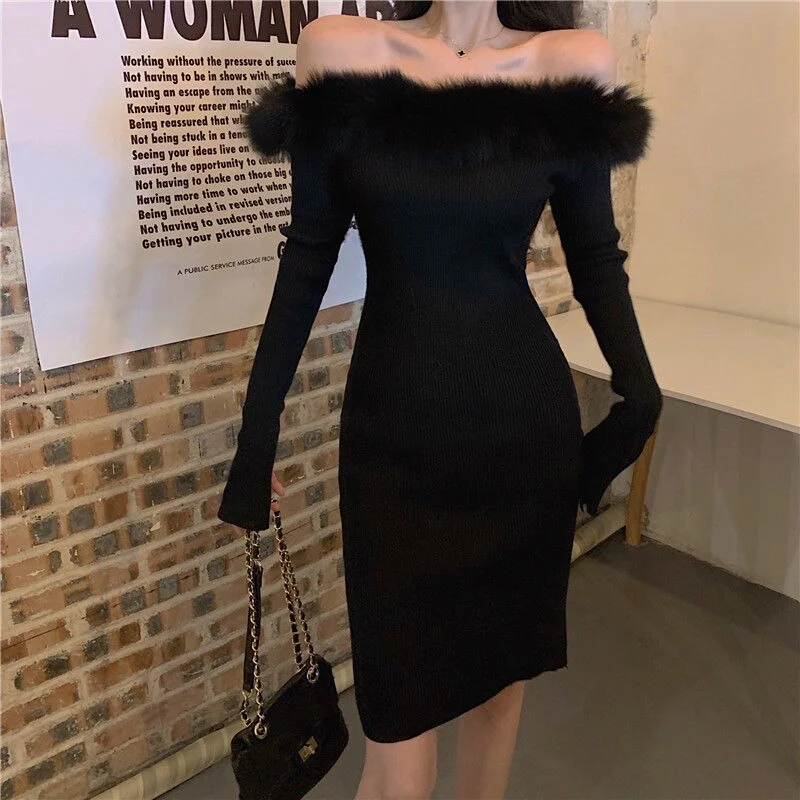 UForever21 Women Knitted Dress 2023 Autumn Winter Long Sleeve Off Shoulder White  Party Dresses For New Year Furry Collar Elegant Robe