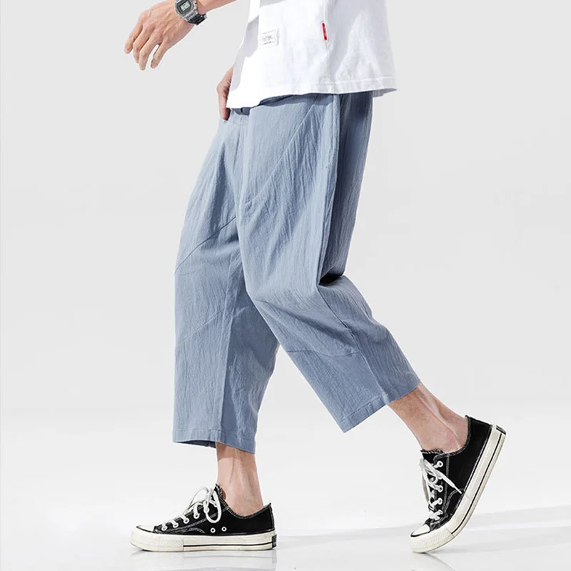 Men's Solid Color Loose Big Pocket Cotton And Linen Cropped Trousers