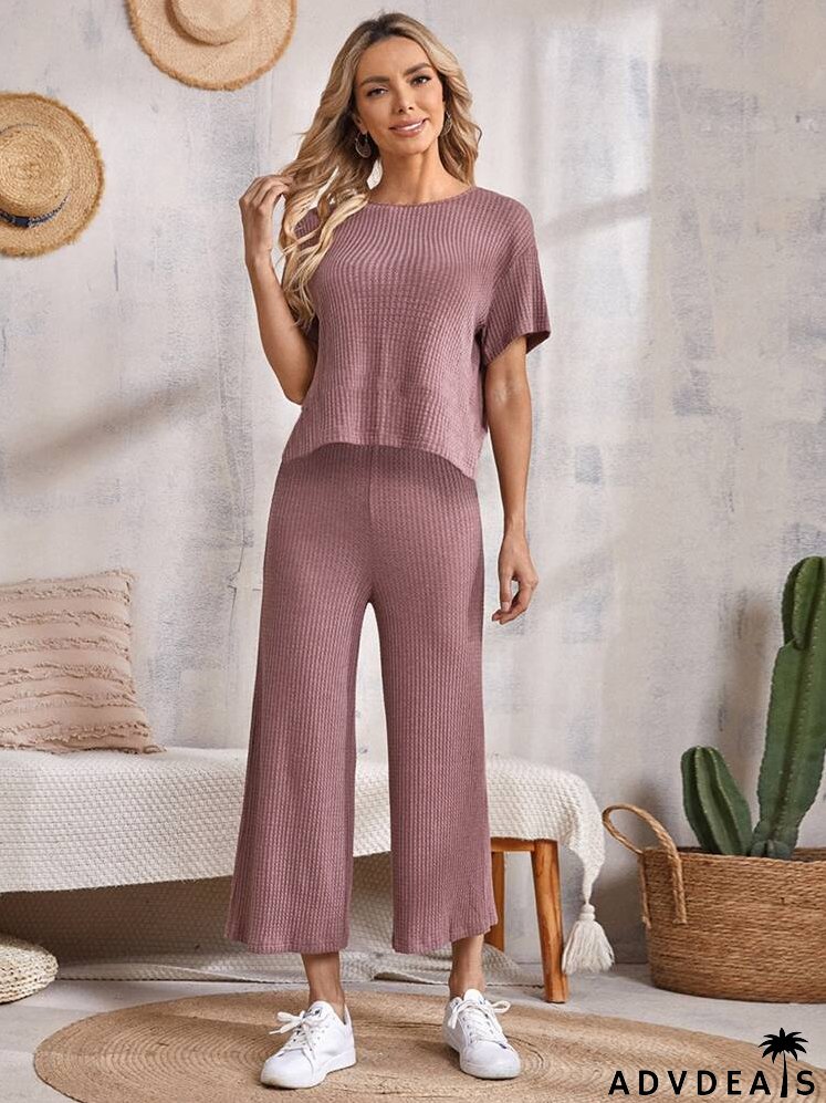 Drop Shoulder Waffle Knit Tee & Wide Leg Pants Set