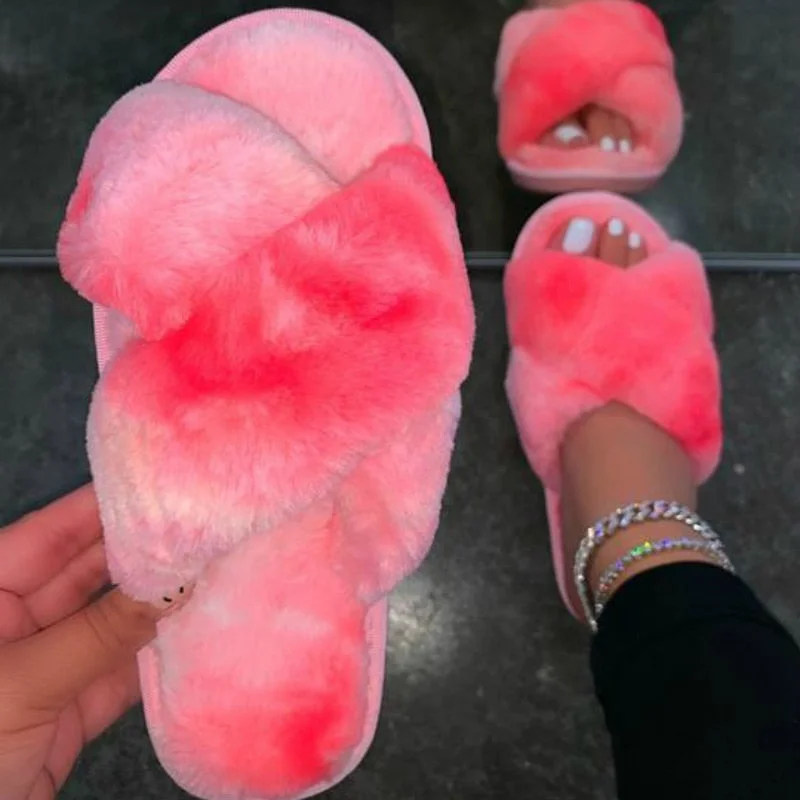 Winter Women Mix Colors Furry Slippers Flat Fluffy Soft Fur House Slides Floor Non Slip Warm Fashion Indoor Shoes Ladies Trend