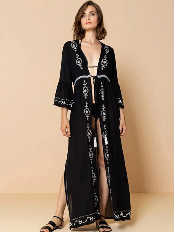 Embroidered And Lace-Up Long Sleeves Cover-Ups Tops