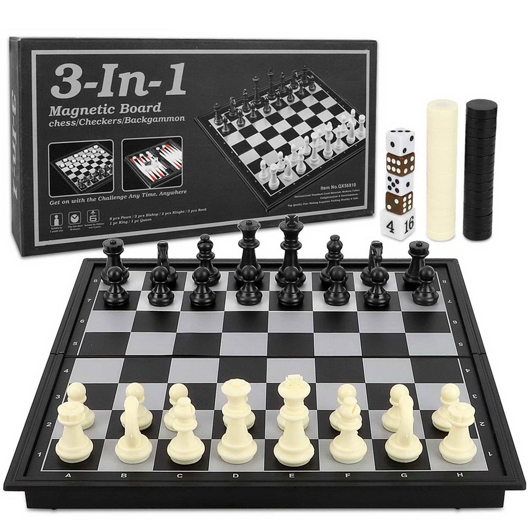 Travel Chess Set for Kids and Adults 3 in 1 Magnetic Chess Checkers Backgammon Folding Board Games