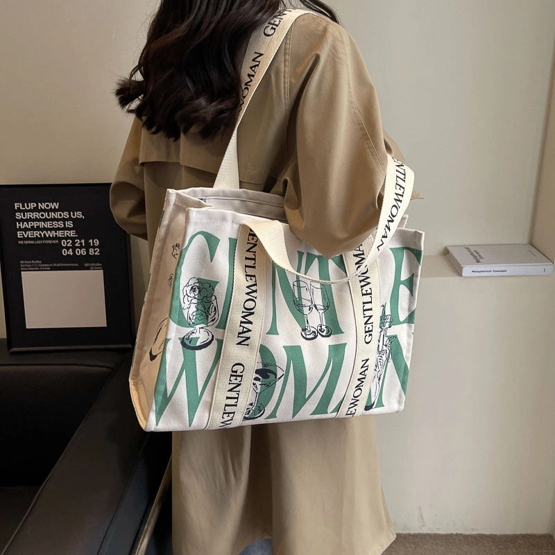 Women’s Large Canvas Letter Streetwear Square Zipper Shoulder Bag