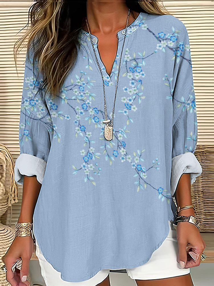 Comstylish Floral Print V-Neck Loose Blouse